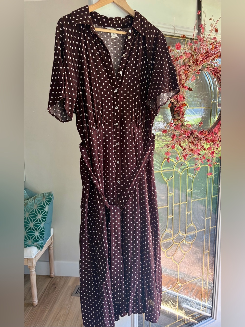 H&M Brown Polka Dot Button-Front Midi Dress - Picture 2 of 8